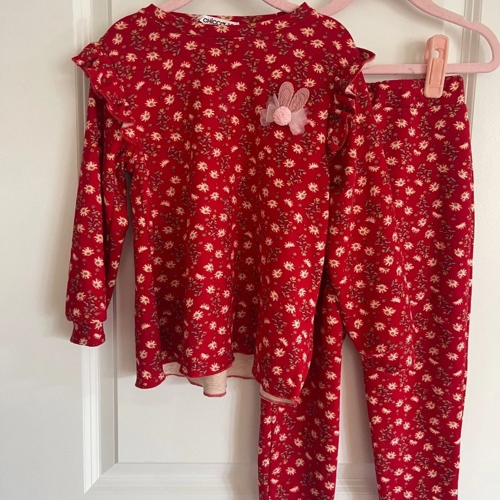 Floral Red Kids Sets Velour Christmas/New Year's Party